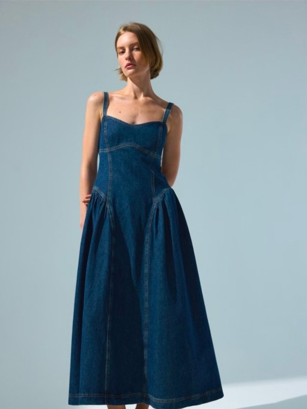 Sz S New H&M Dark Blue Denim Midi Dress with Slim Straps
